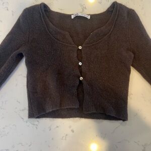 Zara Chocolate Brown Cropped Knit Cardigan